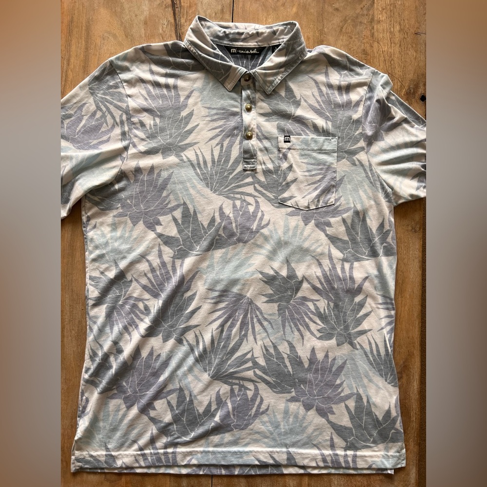 Travis Mathew Men's Light Blue & Gray Tropical Print Polo